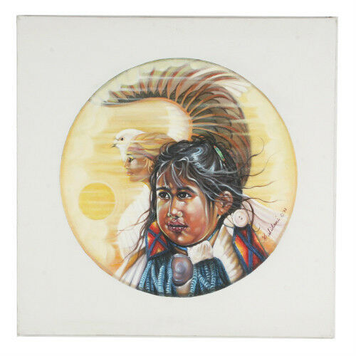 Untitled (Native American Girl w/ Eagle) By Anthony Sidoni Signed Oil on Canvas