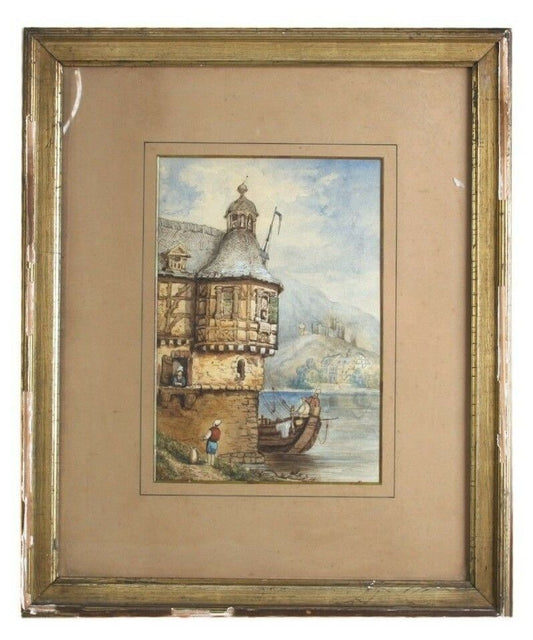 Untitled Medieval House by Lake Watercolor on Paper Unknown Artist 10.5" x 7.5"