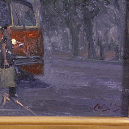 "6:00 STOP" BY JOHN COSBY OIL ON CANVAS SIGNED LOWER RIGHT 24" x 24"