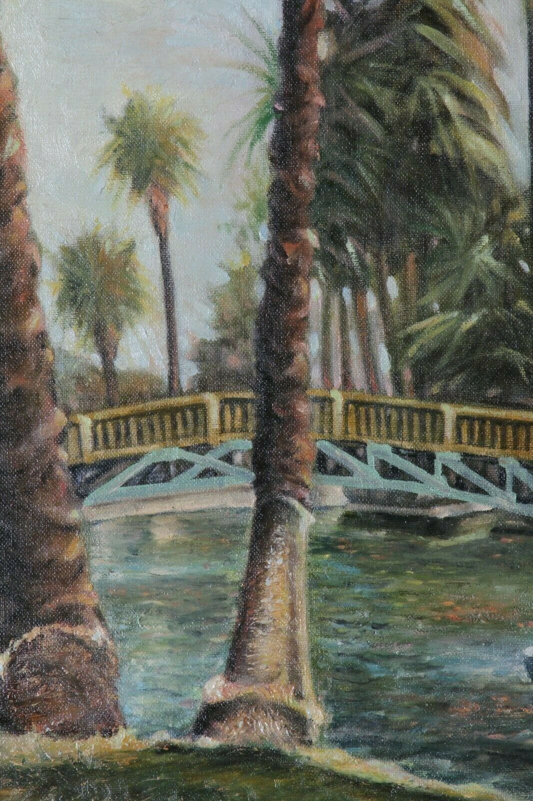 Recreation along the River (River w/ Palm Trees & Paddle Boat) By A. Sidoni Signed Oil on Canvas