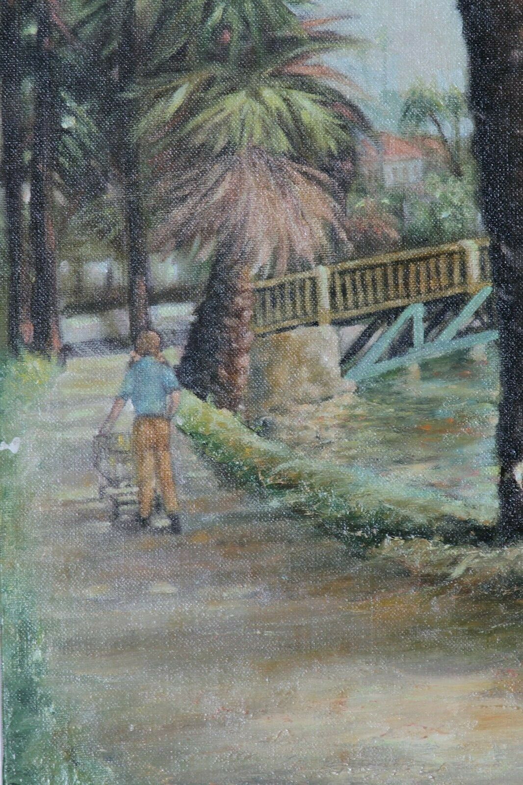 Recreation along the River (River w/ Palm Trees & Paddle Boat) By A. Sidoni Signed Oil on Canvas