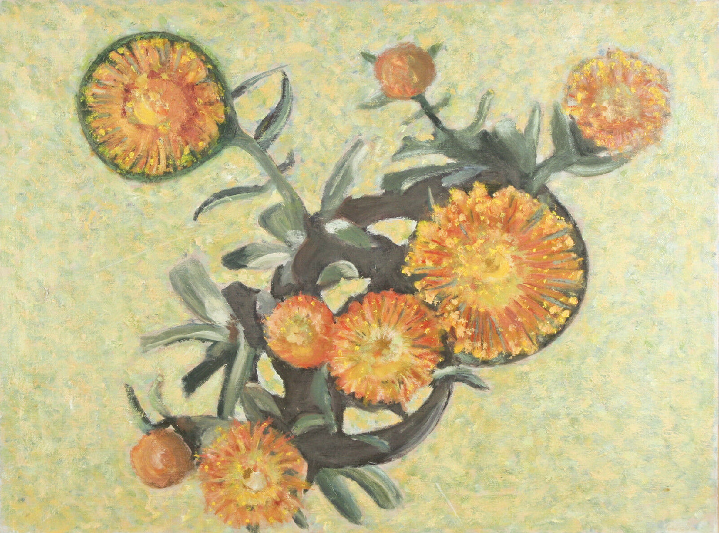 Untitled (Orange Flowers on Green Background) Oil Painting on Canvas 24"x18"