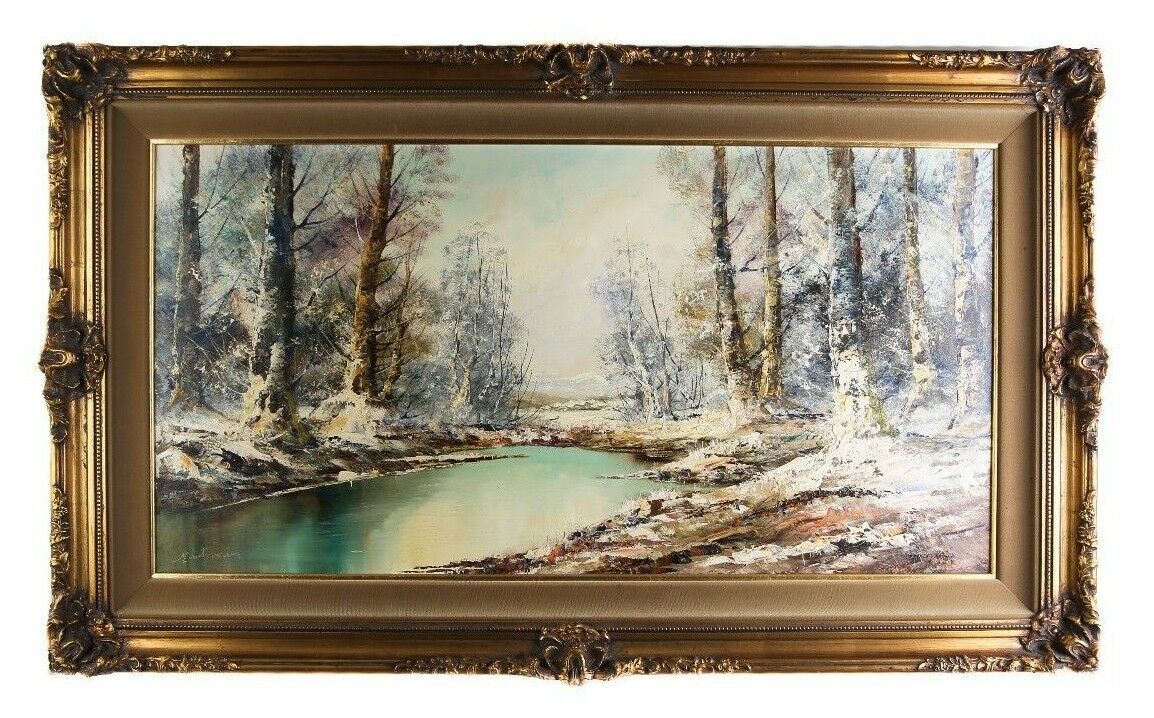 Untitled Painting Winter Scene by Aldo Mantovani Oil on Canvas 28 x 47" Repaired