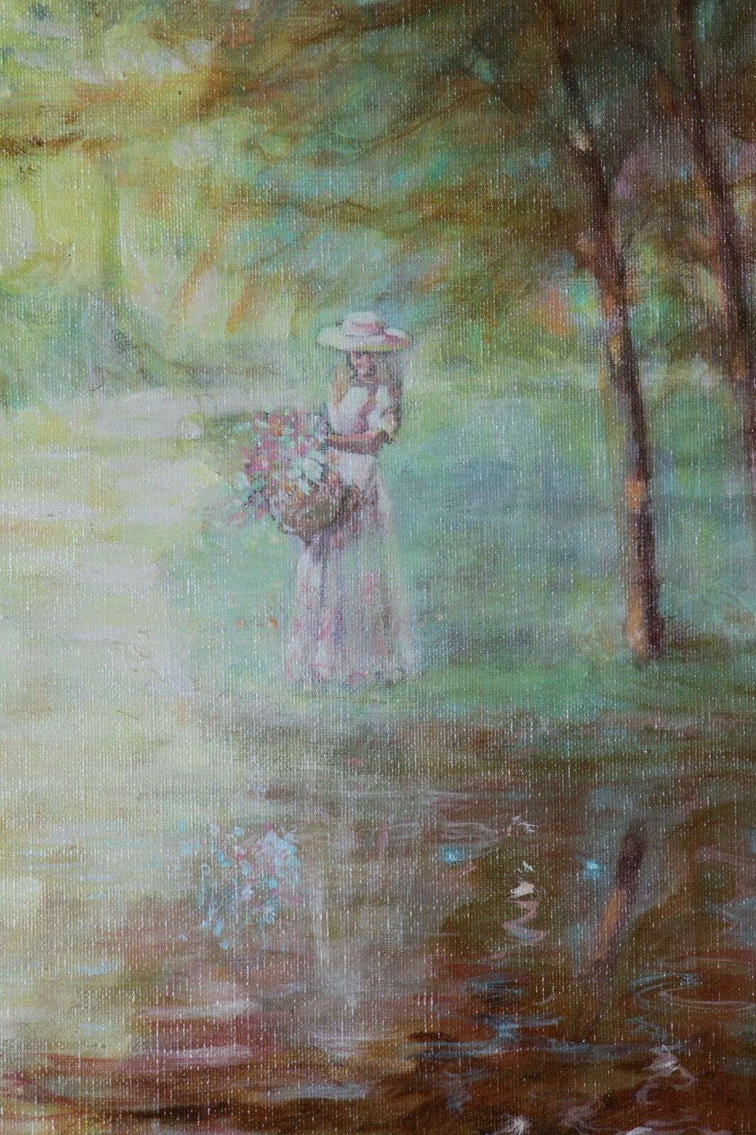 Untilted Oil on Canvas Anthony Sidoni Lady with Flowers by Lake 1991