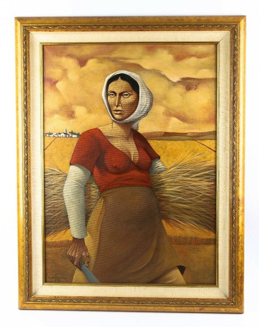 UNTITLED (PEASANT WOMAN GATHERING WHEAT) BY RODOLFO CAMPODONICO OIL ON CANVAS