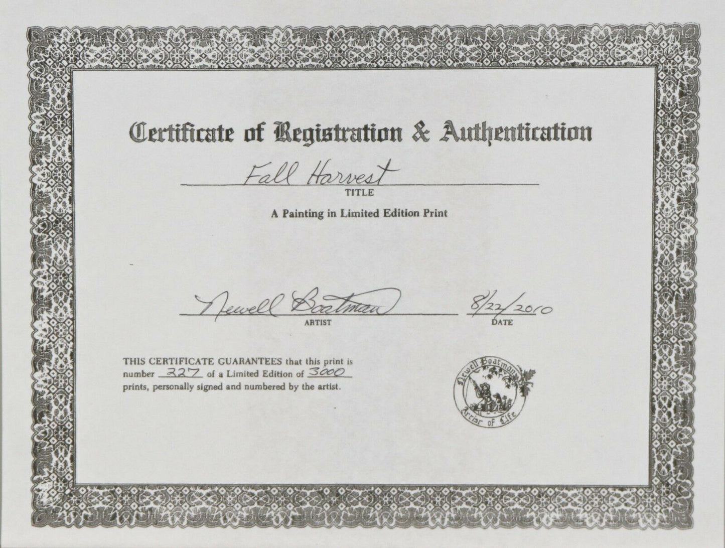 "Fall Harvest" by Newell Boatman Offset Lithograph on Paper CoA 2010 LE of 3000