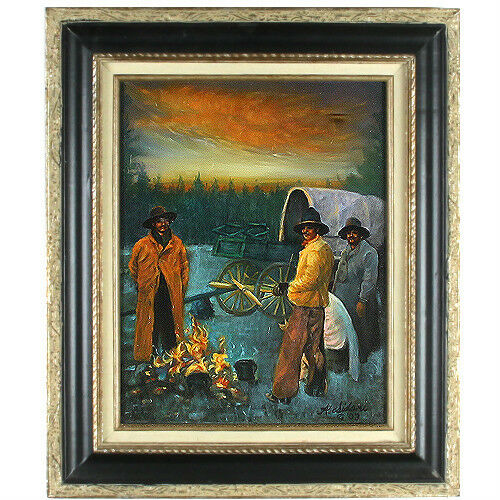 "Keeping Warm" (3 Men by Fire w/ Wagon) By Anthony Sordini Signed Oil Painting