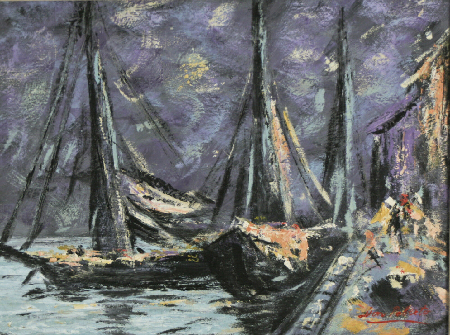 Sailboat Scene Signed Framed Oil on Canvas by Don Roberto 20"x24"