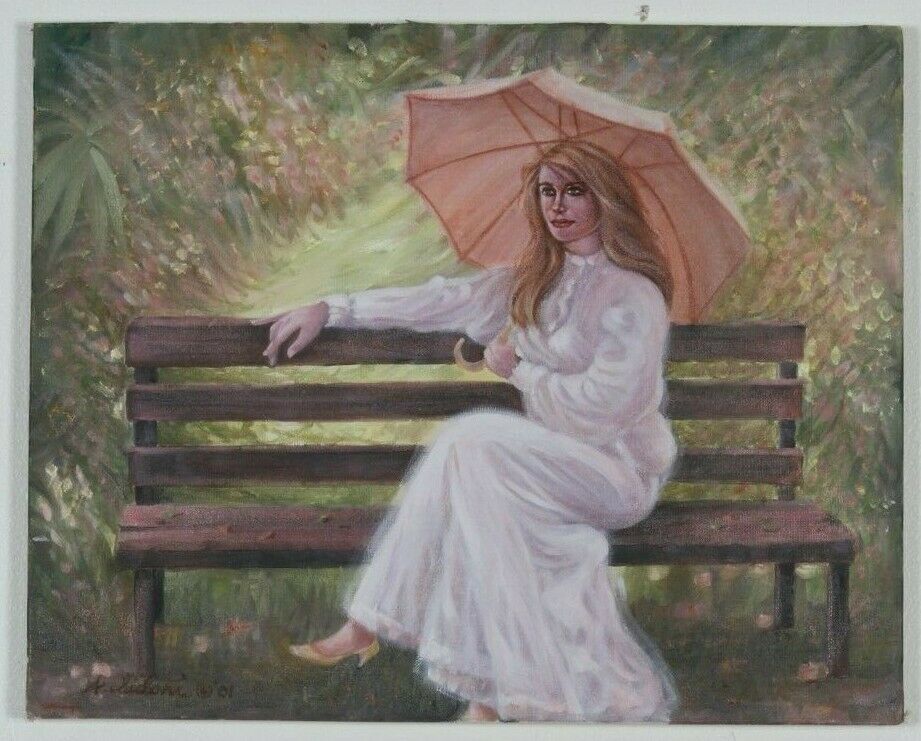 "Pink Umbrella" By Anthony Sidoni 2001 Signed Oil on Canvas 22 1/2"x26 1/4"