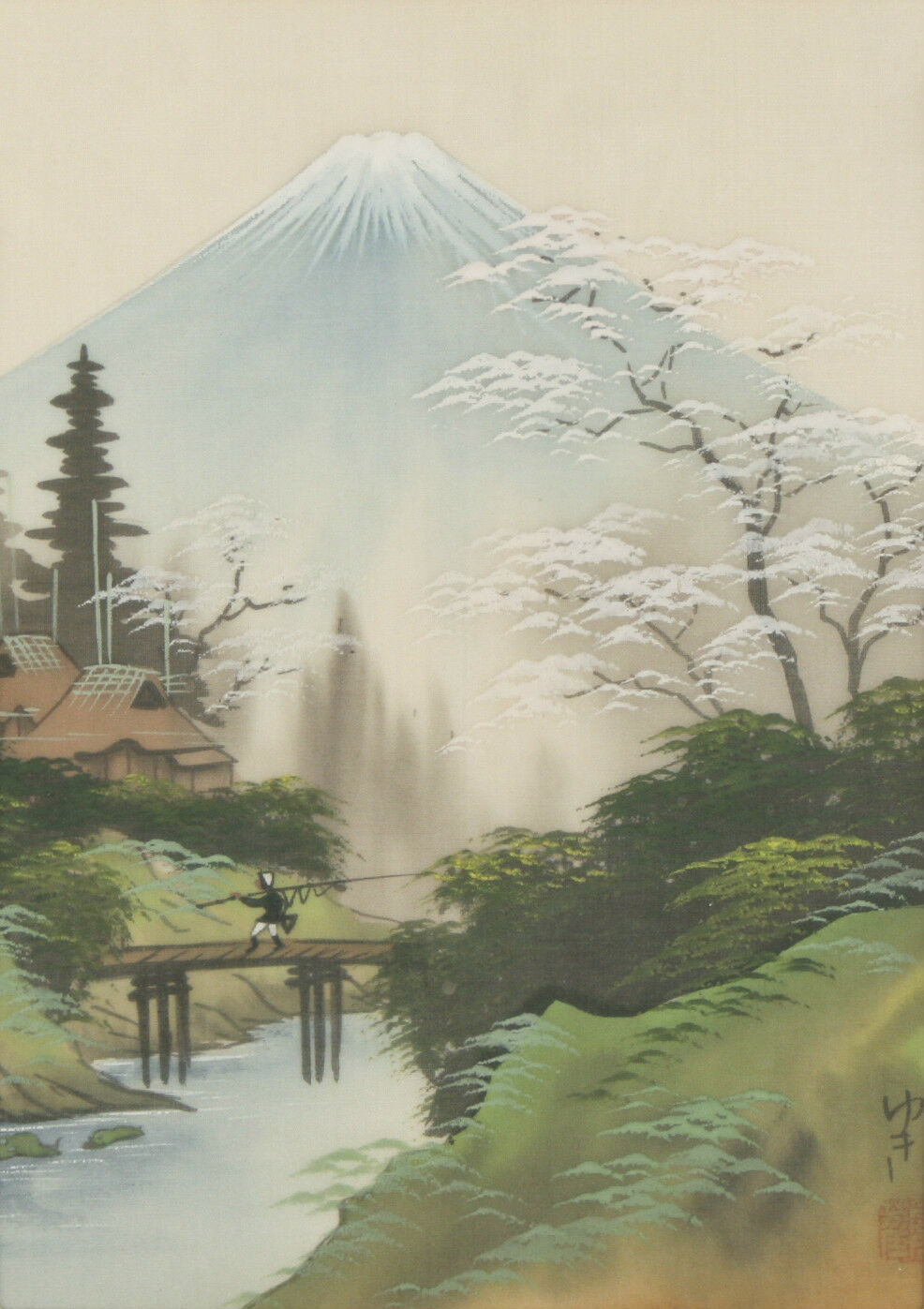 Untitled (Vintage Japanese Mt. Fuji) Painting Signed & Stamped on Silk 19"x16"